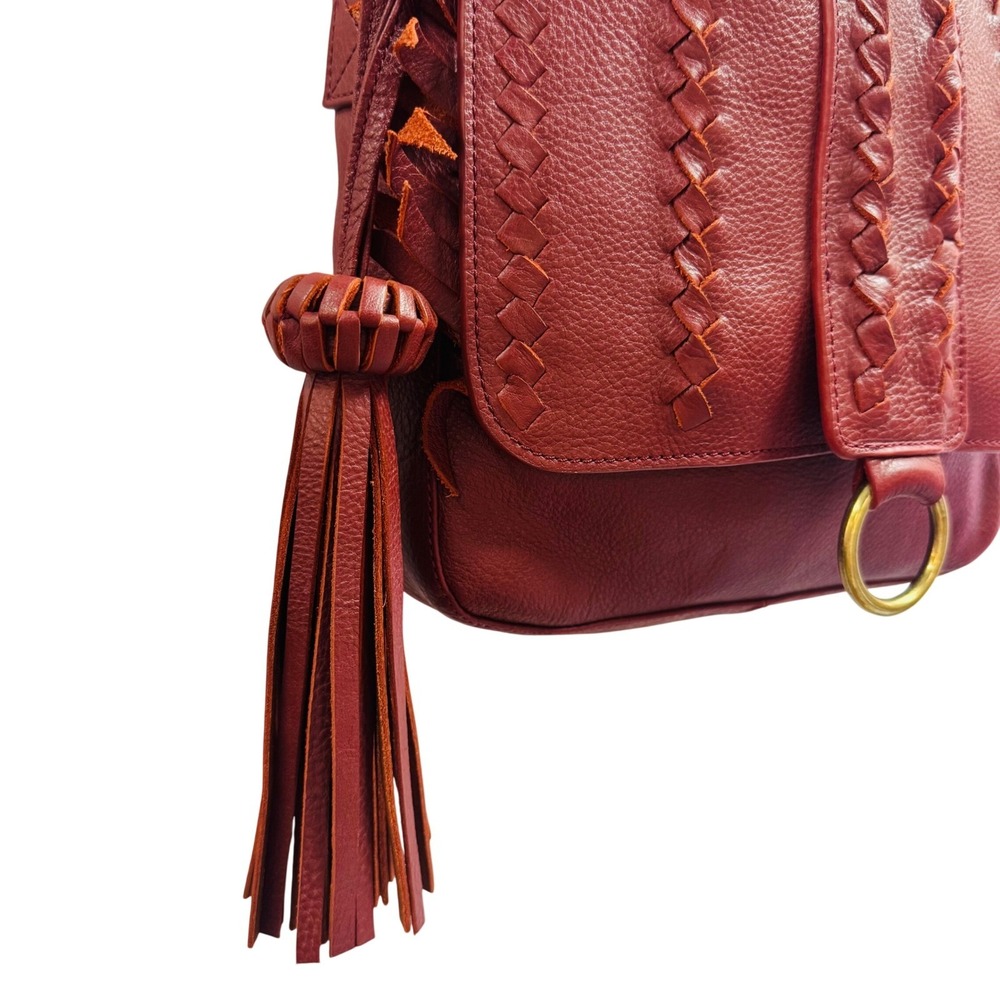 Bixi Awotan Seneca Red Pebbled Leather Fringe Braided Shoulder Bag Tassel Boho - Picture 3 of 13